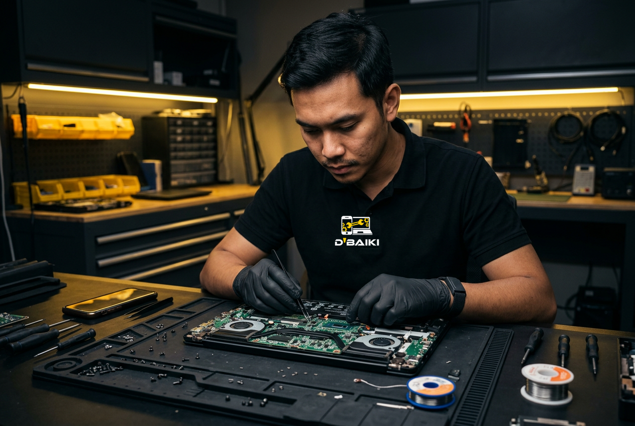 Teknisi D'Baiki membaiki papan induk laptop di makmal baik pulih